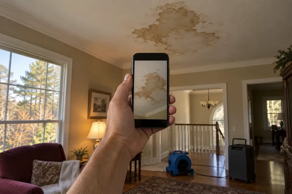 Hand holding a phone camera aimed at a water-stained ceiling
