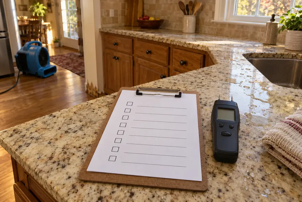 Clipboard with blank inspection checklist and moisture meter on a damp kitchen counter
