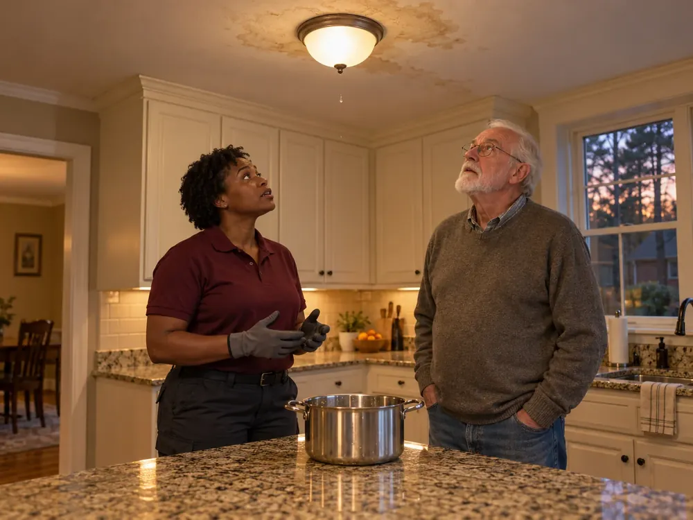 A technician and a homeowner look up at a stained kitchen ceiling while a pot catches drips below.