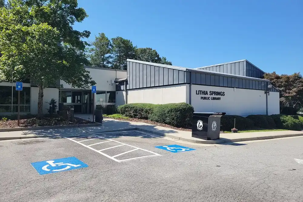 Lithia Springs Public Library, a one-story building with a sign by the entrance, in Lithia Springs, Georgia